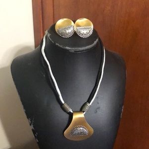 Brass and silver necklace and earrings set of 3